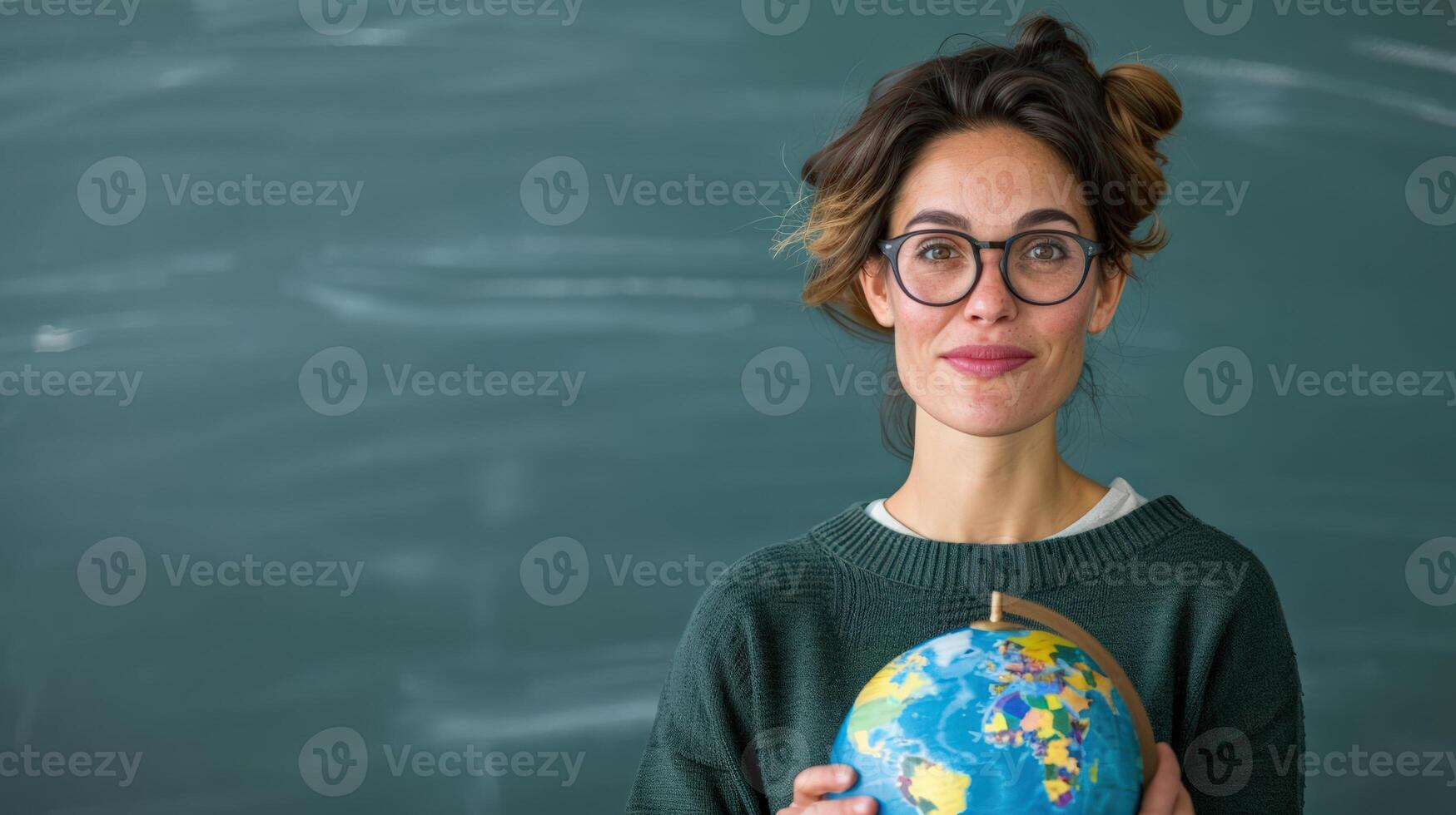 Young woman holding a globe in front of a chalkboard. Back to school, geography teacher, education concept. Smiling and confident. photo
