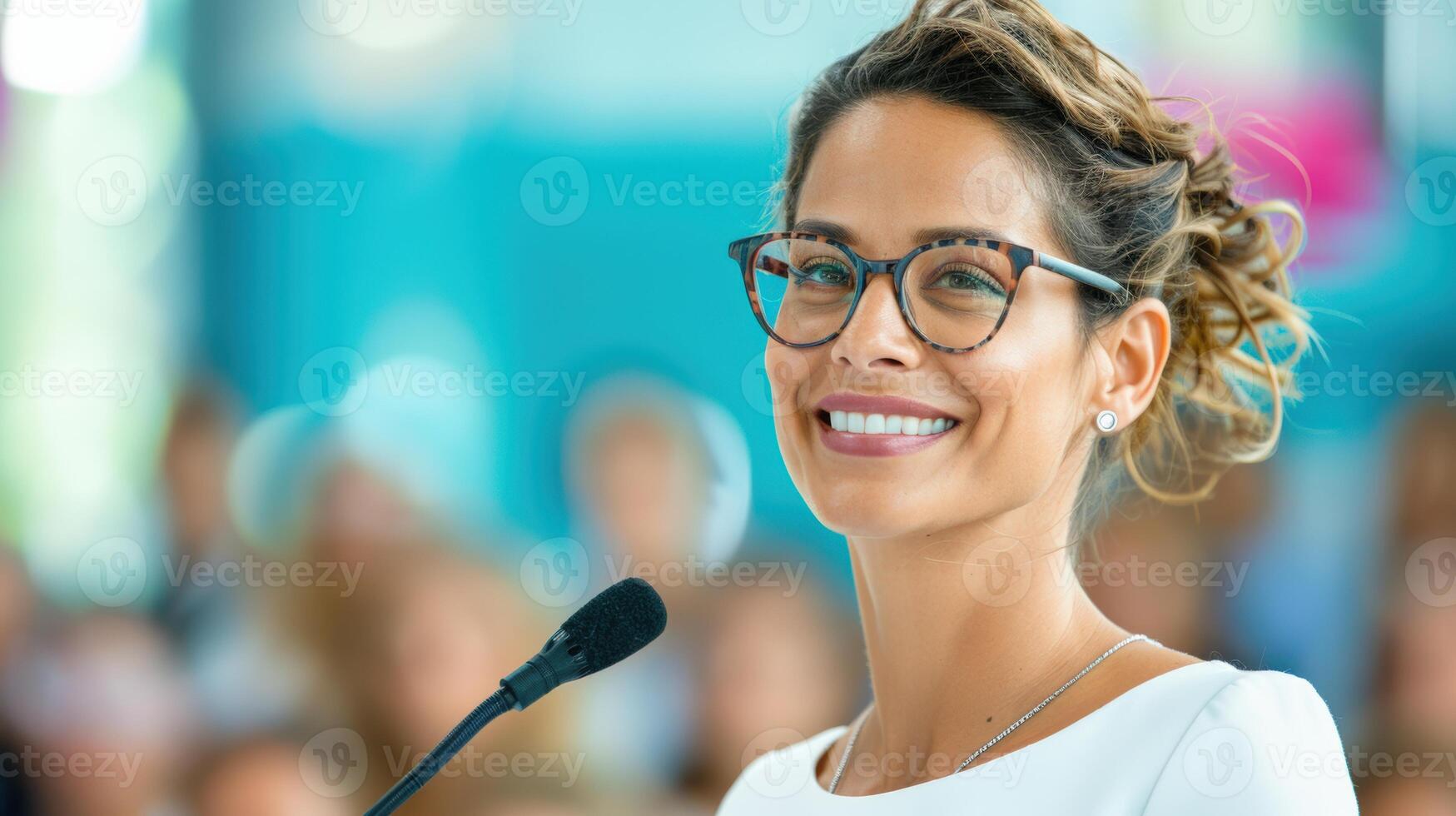 Confident speaker with glasses smiles during presentation at conference, inspiring her audience in a vibrant, professional setting. photo