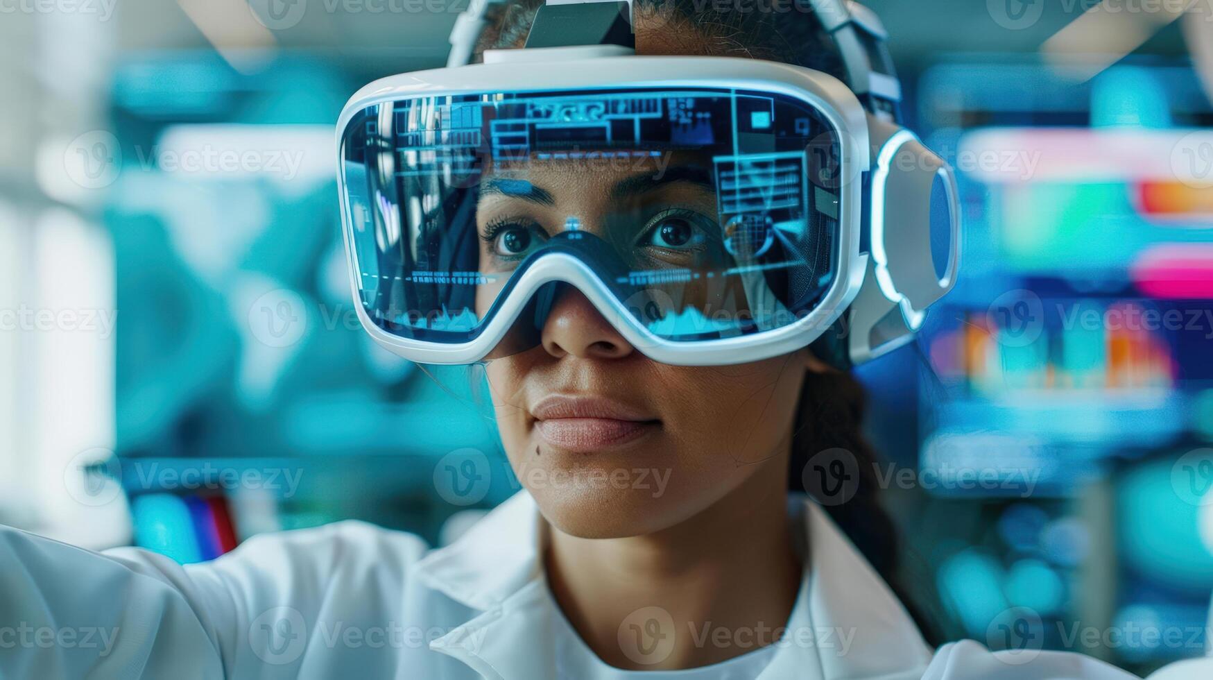 Woman in lab coat using augmented reality glasses, focusing on scientific data and holographic display in a futuristic laboratory setting. photo