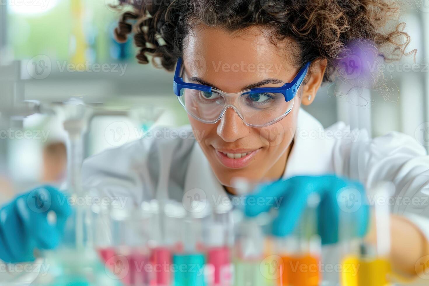 Scientist conducting research in laboratory, focusing on colorful chemical solutions. Safety goggles and gloves for protection. photo