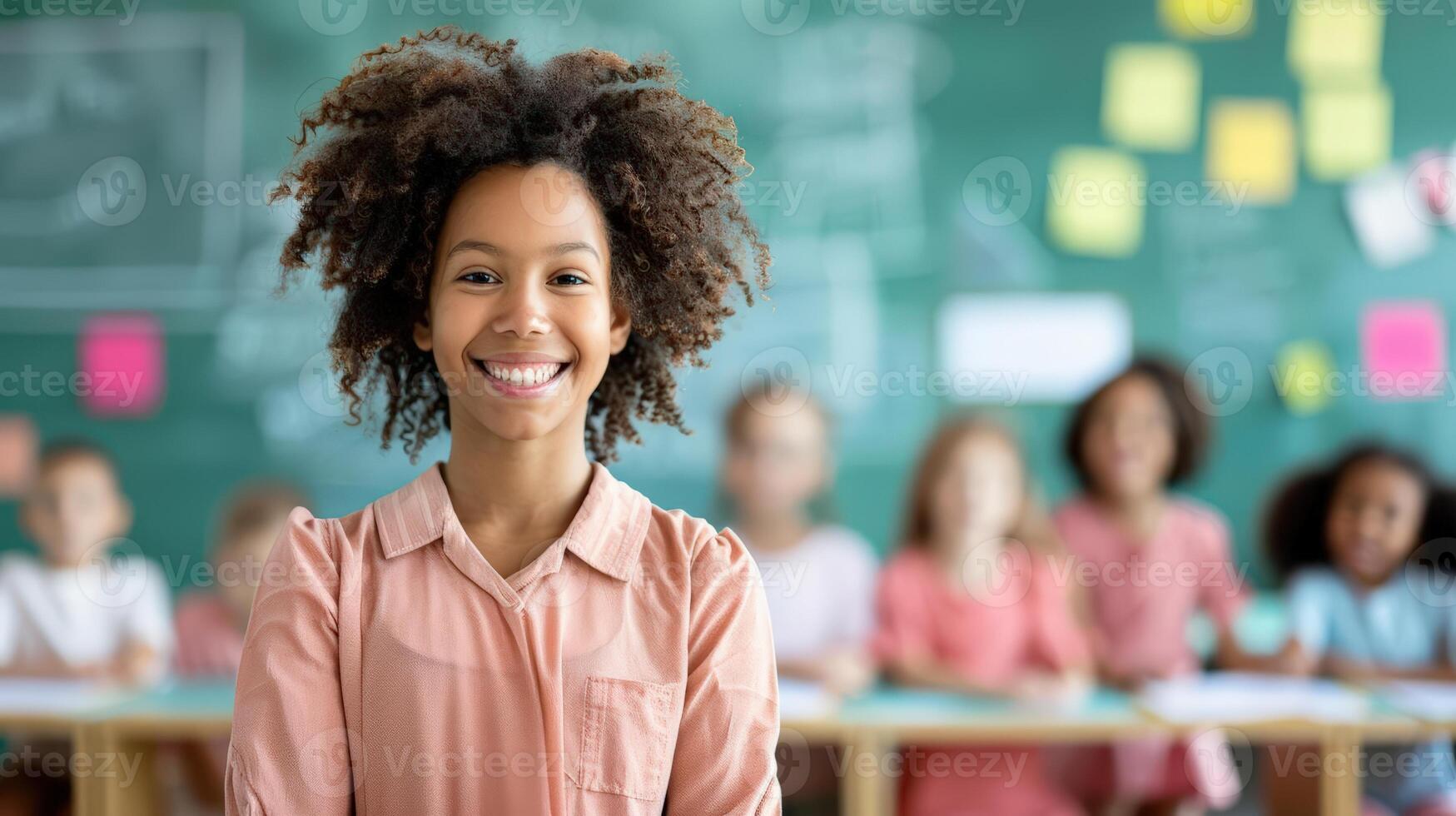 Smiling young student in a classroom setting with a chalkboard background. Diverse group of children sitting and studying in the distance. photo