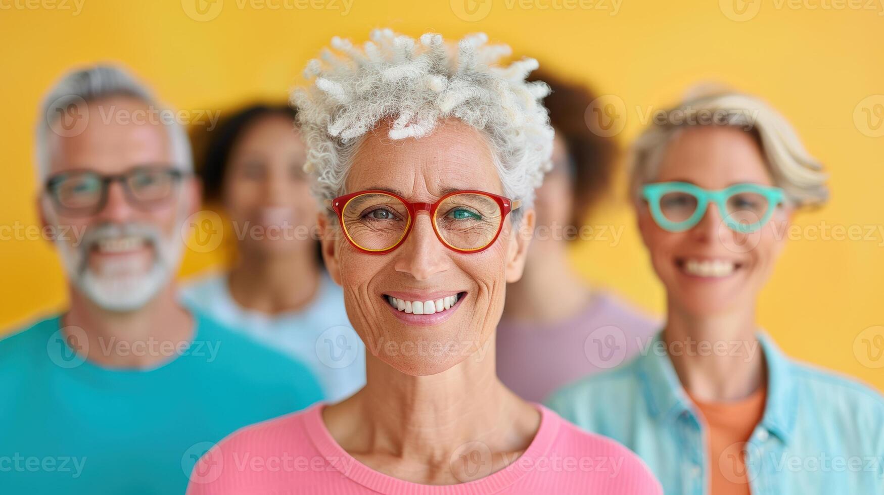 Smiling diverse group of adults wearing colorful glasses on a vibrant yellow background, showing unity and happiness. photo