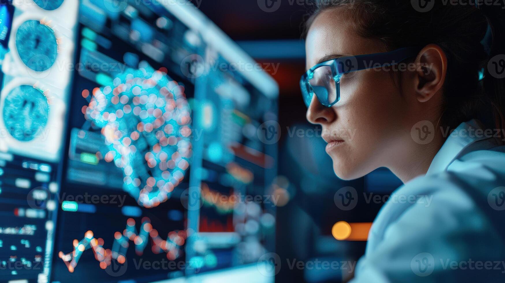 Scientist analyzing digital brain data on multiple computer screens in a high-tech laboratory. Advanced medical research and technology. photo