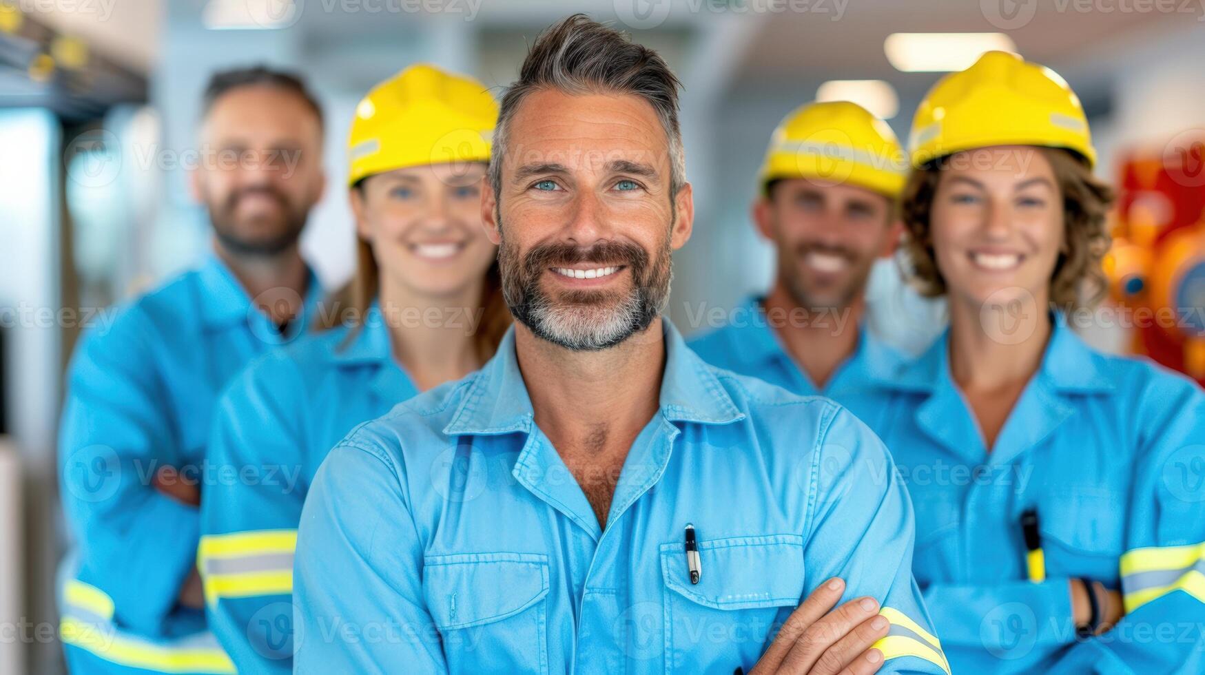 A group of confident engineers wearing safety helmets and blue uniforms smiling, demonstrating teamwork and professionalism photo