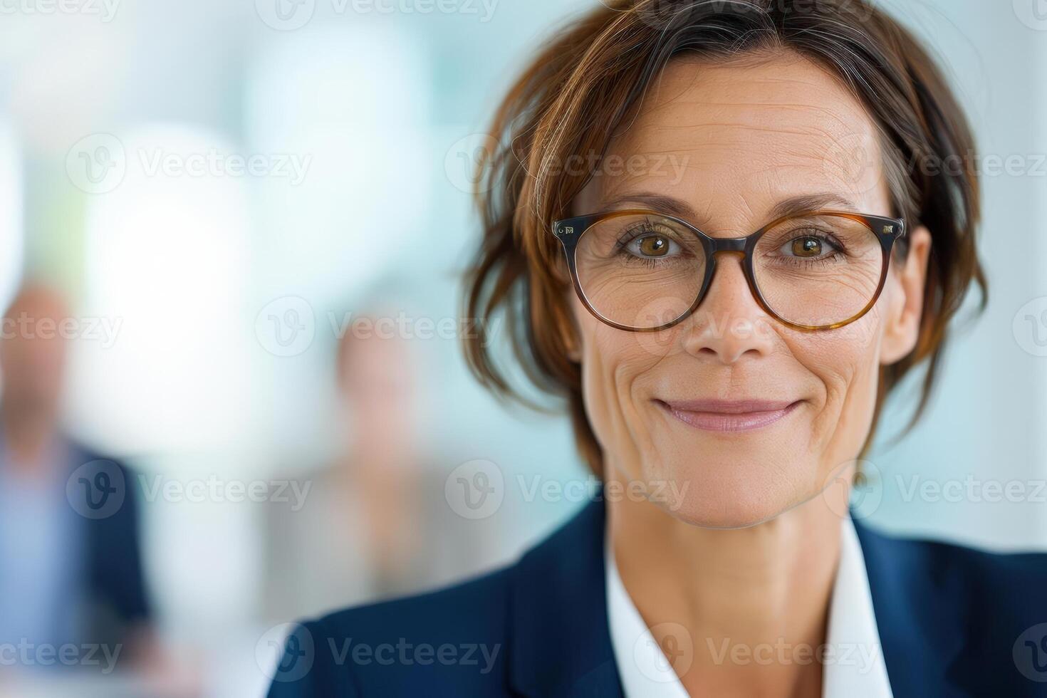 Confident businesswoman wearing glasses, smiling in a modern office setting with colleagues in the background. photo