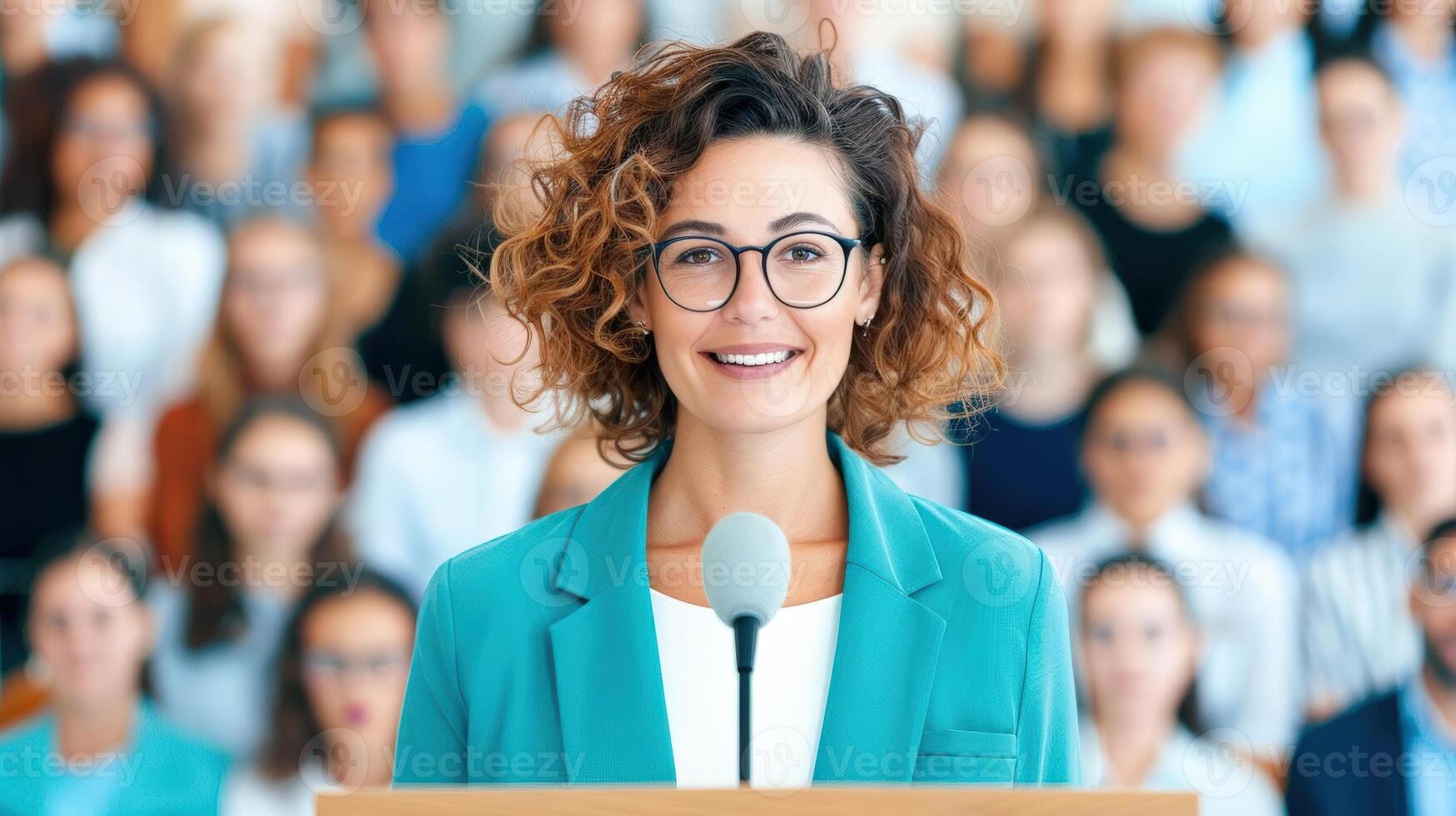 Confident businesswoman in glasses and blazer speaking at a conference with a diverse audience in the background. photo