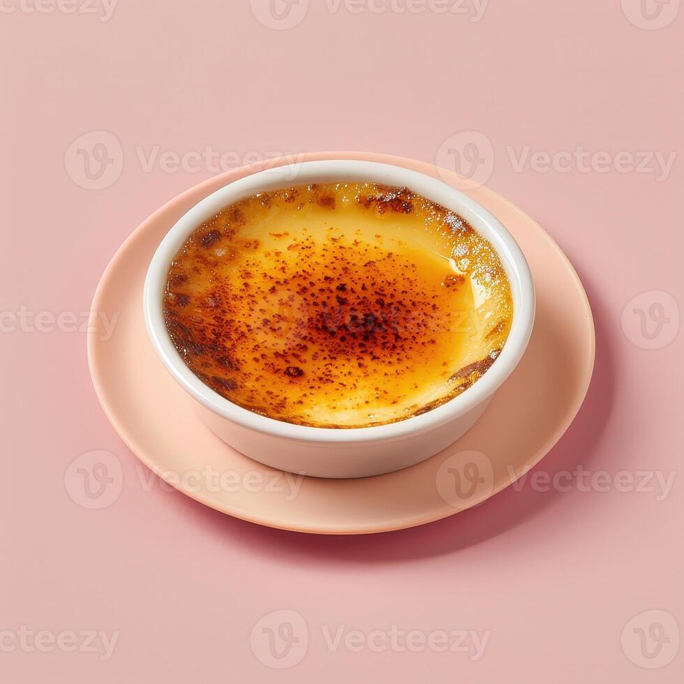 Close-up of a delicious creme brulee dessert with a crispy caramelized sugar topping. Creamy and sweet treat perfect for a romantic dinner or special occasion. photo