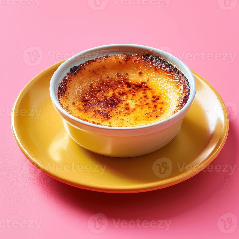Close-up of a single serving of creamy flan with caramelized sugar topping. Delicious dessert for a special occasion or celebration. photo