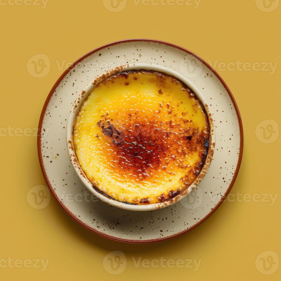 Closeup of a delicious Creme Brulee dessert with a crispy caramelized sugar topping. French dessert on white plate against yellow background. photo