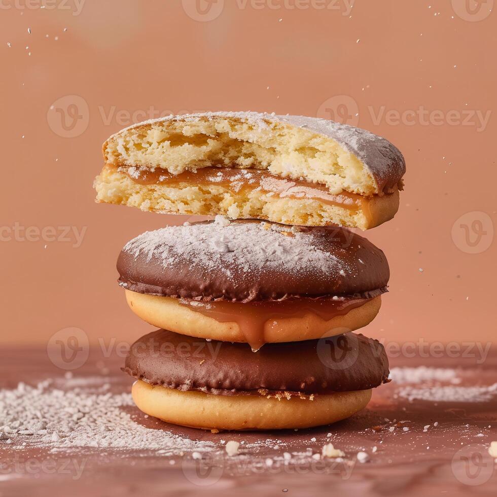Close-up of stacked chocolate and caramel filled cookies with powdered sugar on top, concept of sweet treat, dessert, and bakery. photo