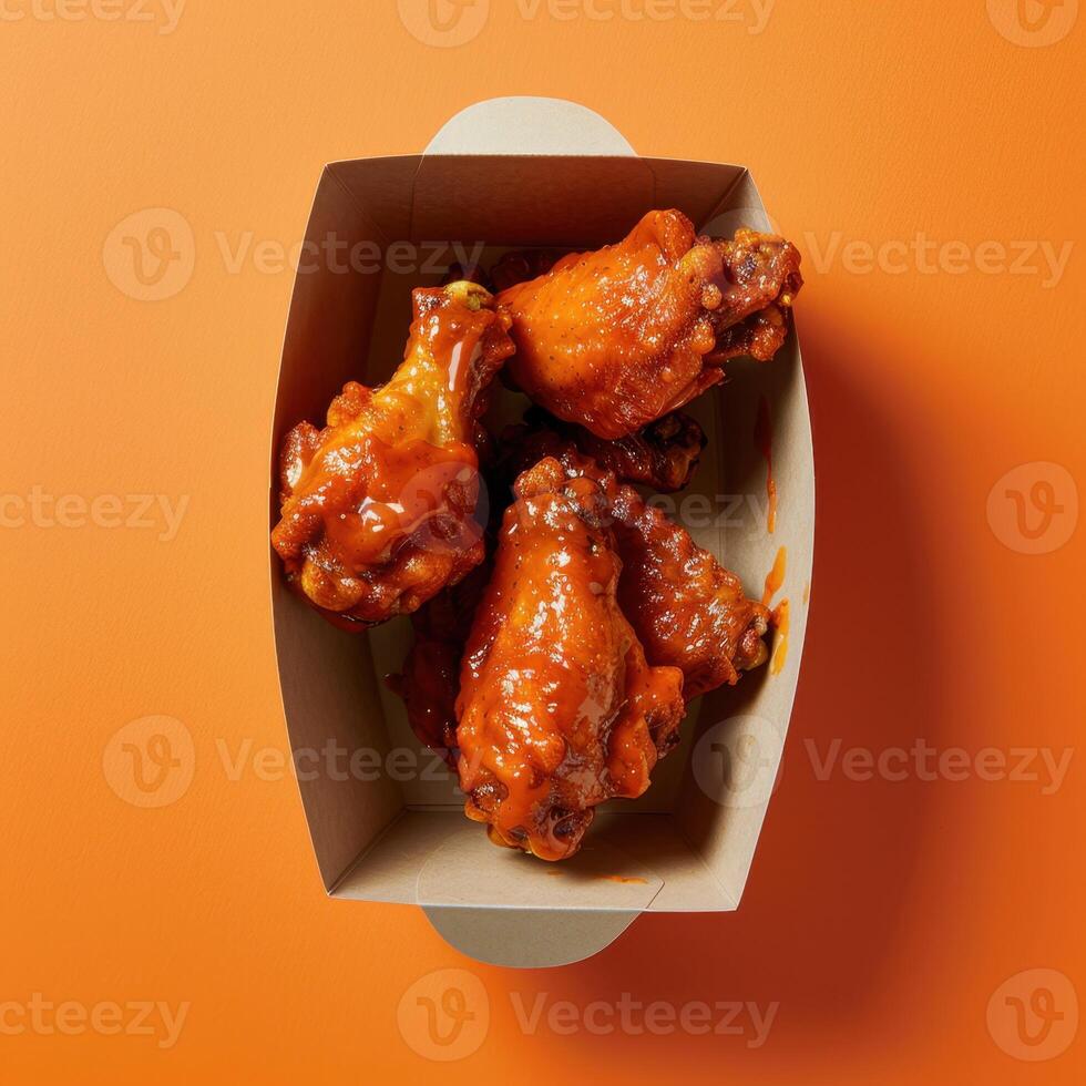 Close-up of Spicy Chicken Wings in a Cardboard Box photo