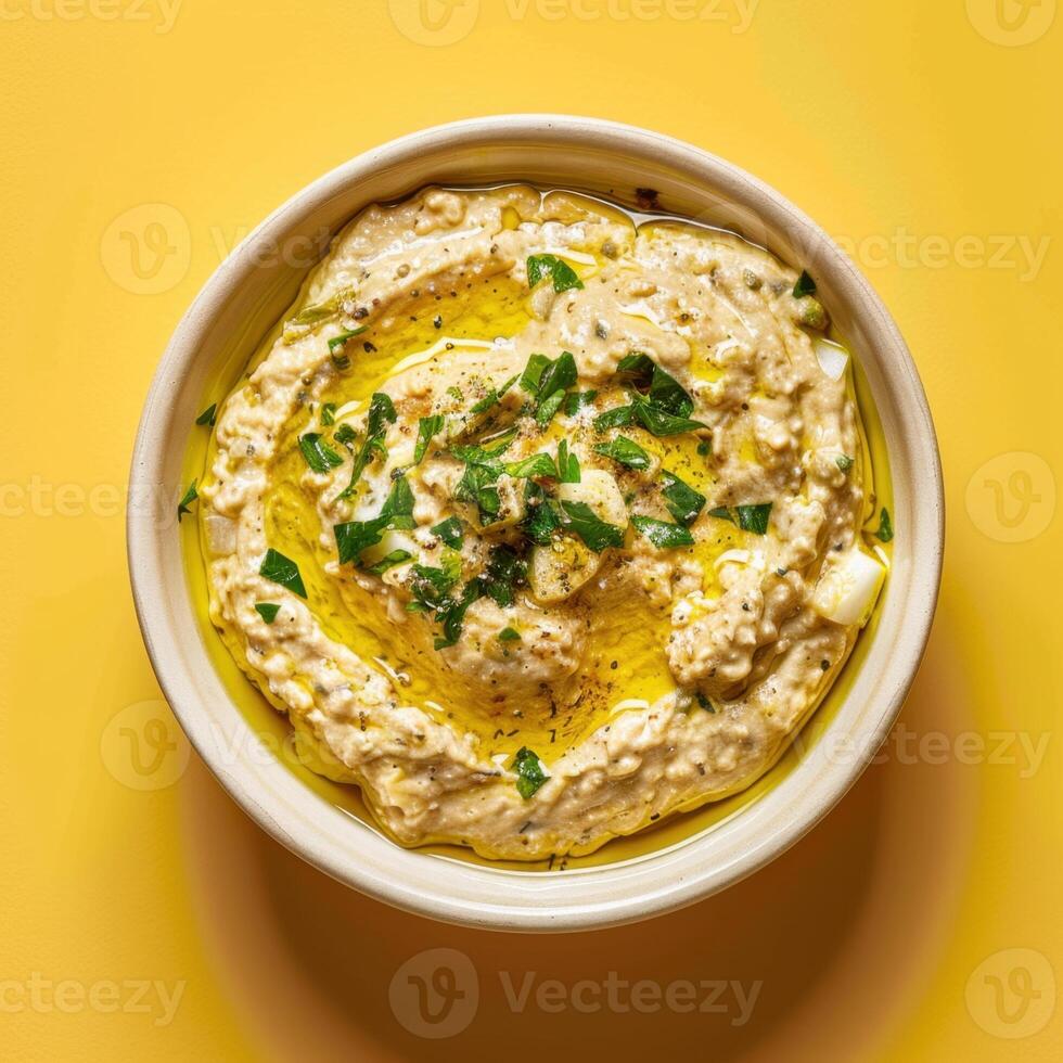 Bowl of Baba Ganoush with Olive Oil and Parsley photo