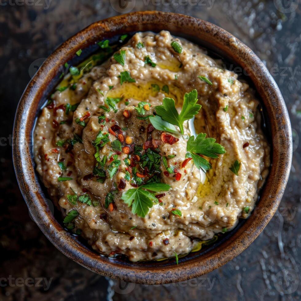 Bowl of Baba Ganoush with Herbs and Spices photo