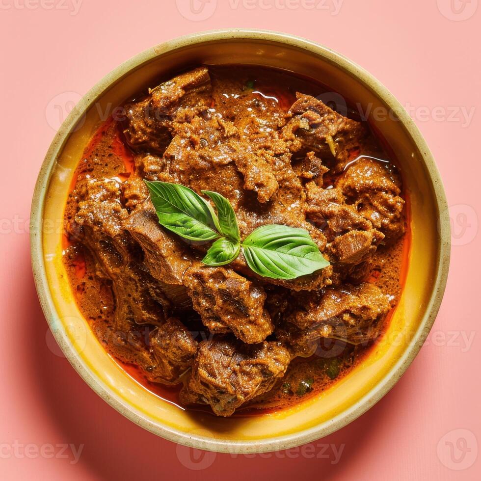 Beef Curry with Basil Garnish in a Yellow Bowl photo