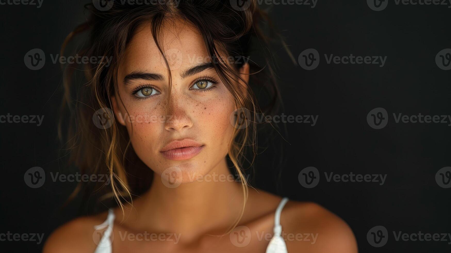confidente elegante mujer en blanco mono en contra negro antecedentes foto