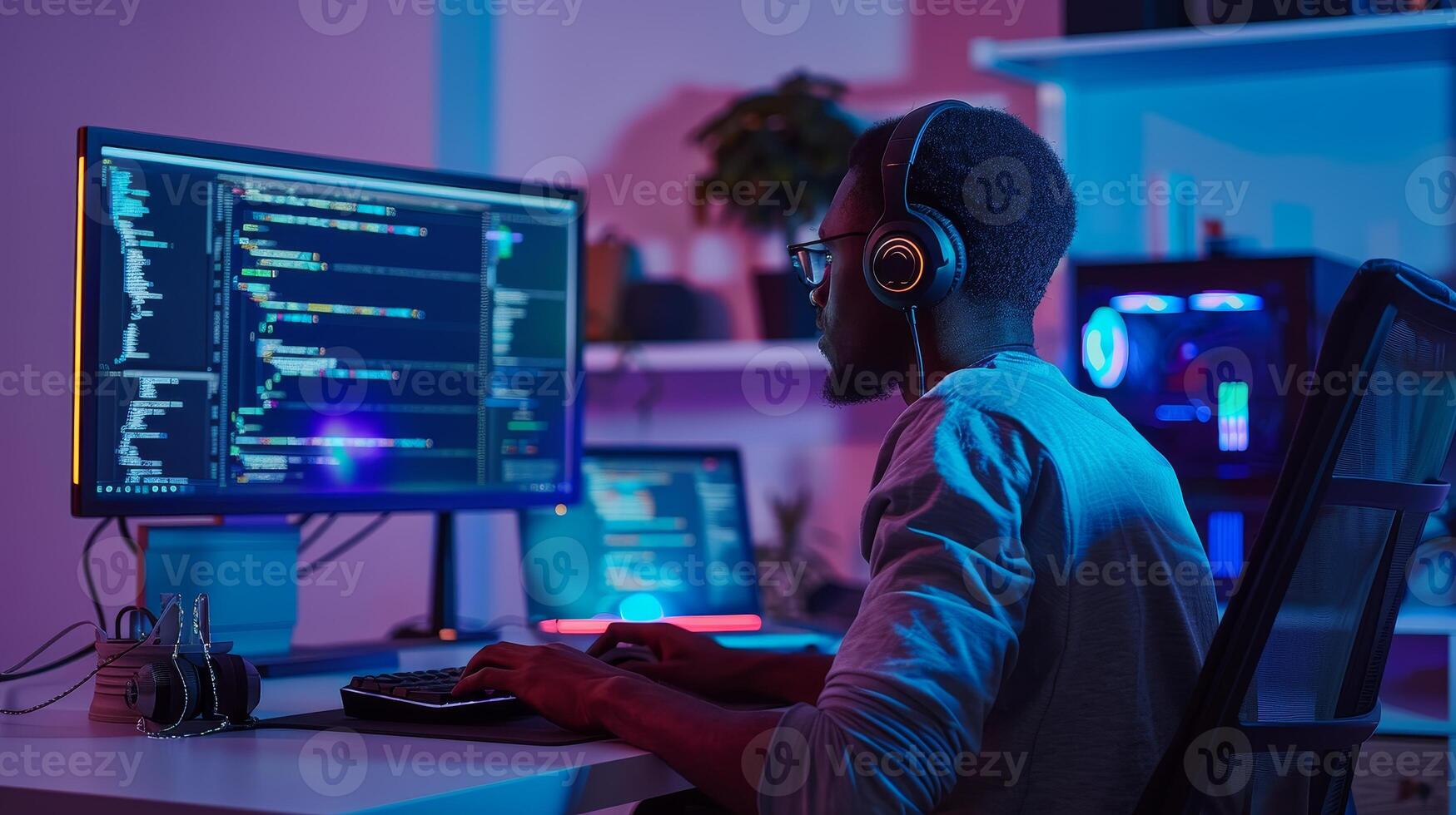 Focused Programmer Working Late at Night photo