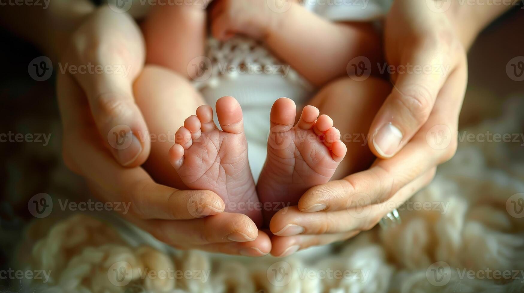 Newborn Baby Feet in Parent's Hands photo