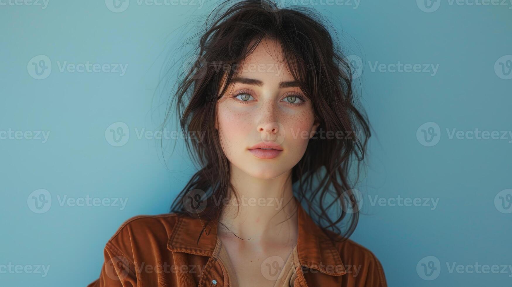 Serene Beauty in Brown Jumpsuit - Close-up Portrait of Elegant Woman with Soft Expression on Light Blue Background photo