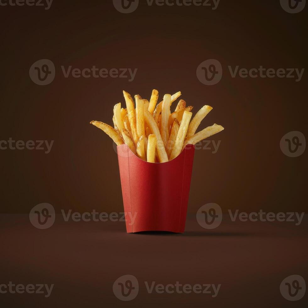 Golden French Fries in Red Paper Container photo