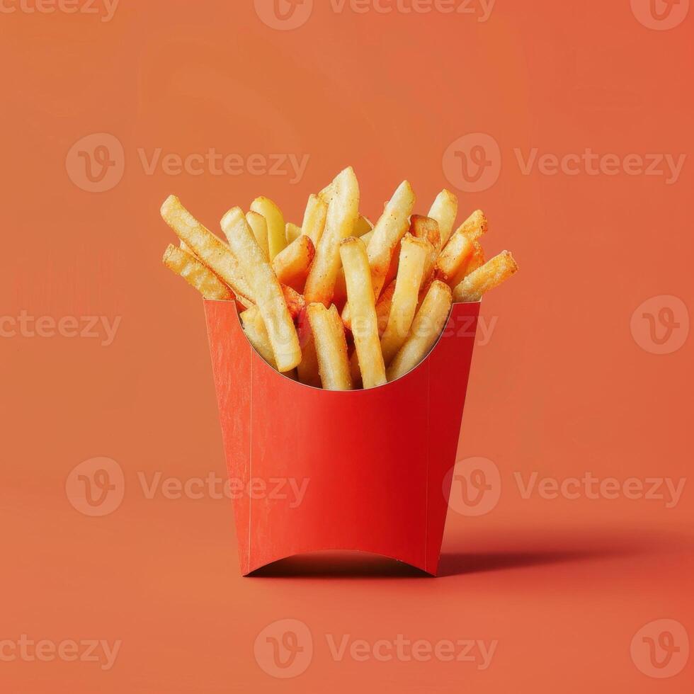 French Fries in Red Cardboard Box on Orange Background photo