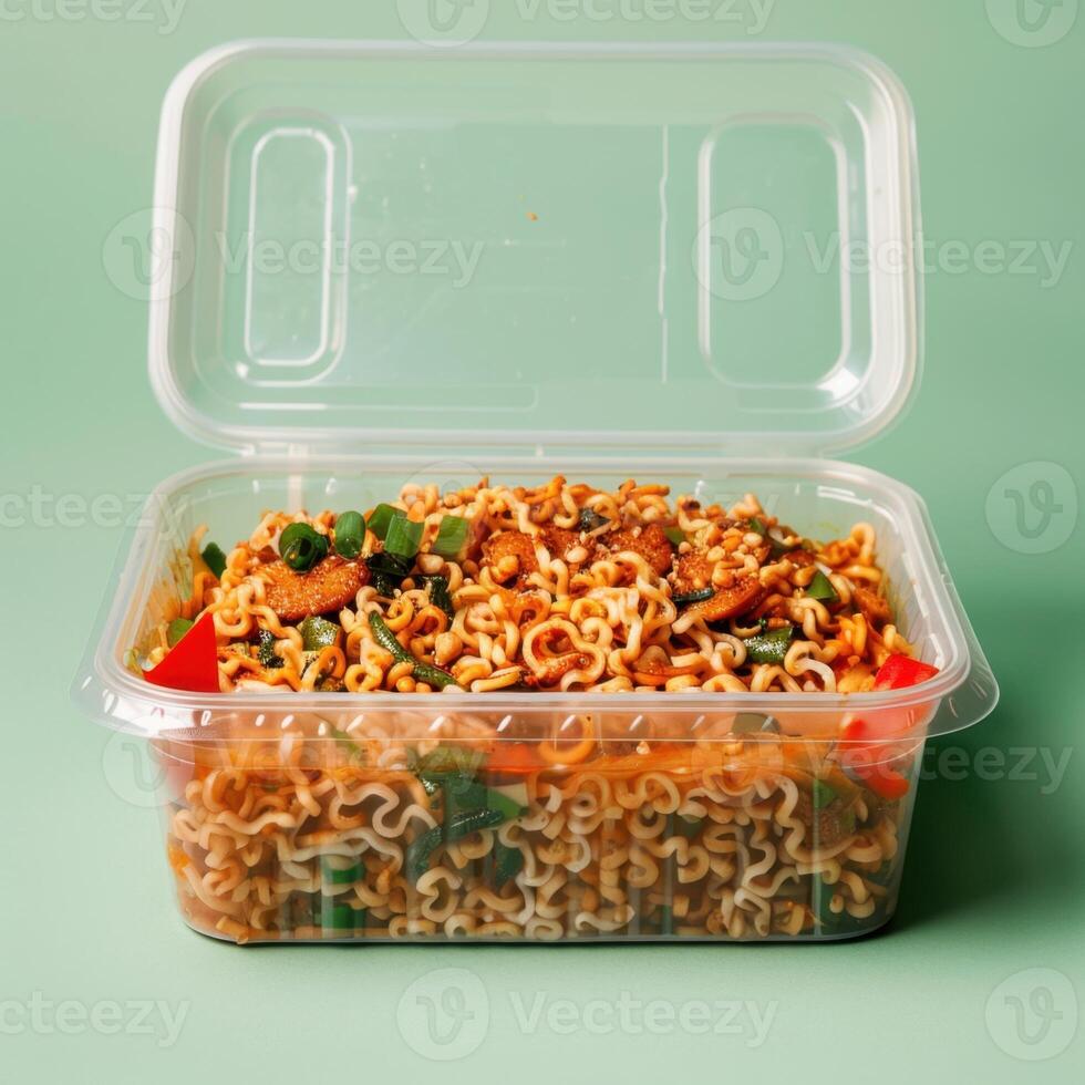 Closeup of Spicy Noodles in a Plastic Container photo