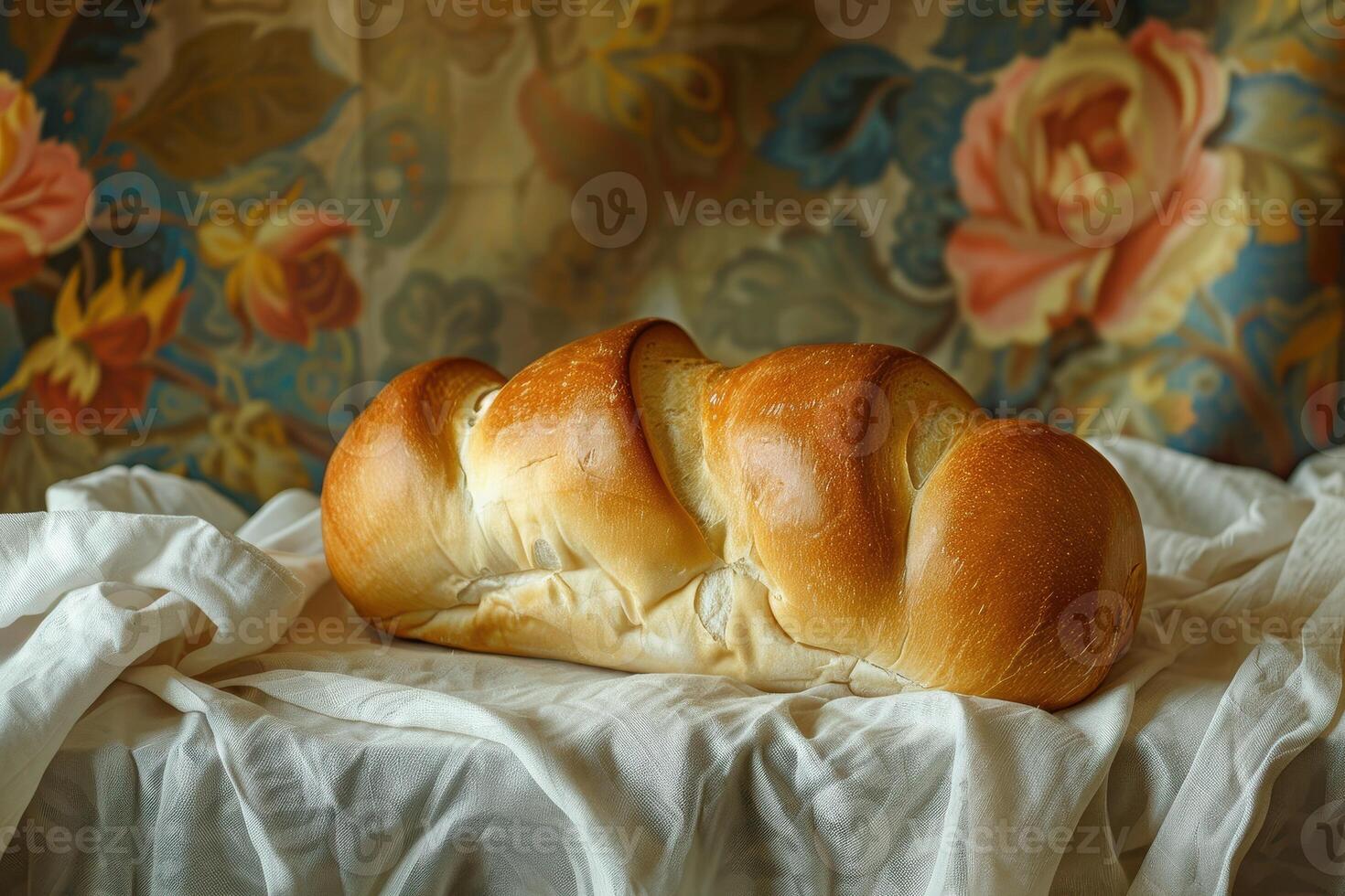 A Freshly Baked Loaf of Bread on a White Cloth photo