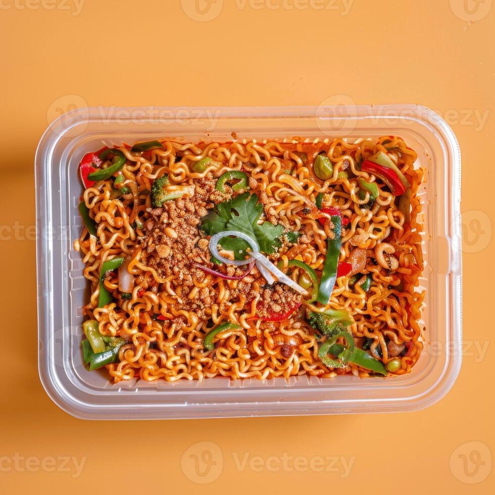 Spicy Noodles with Vegetables in a Plastic Container photo