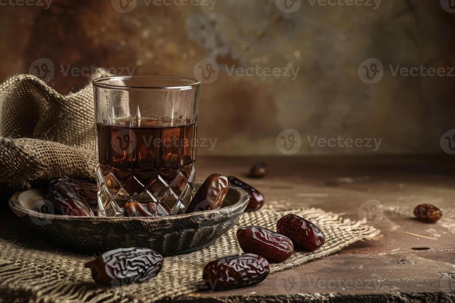 Dates and a Glass of Dark Liquid on Rustic Table photo