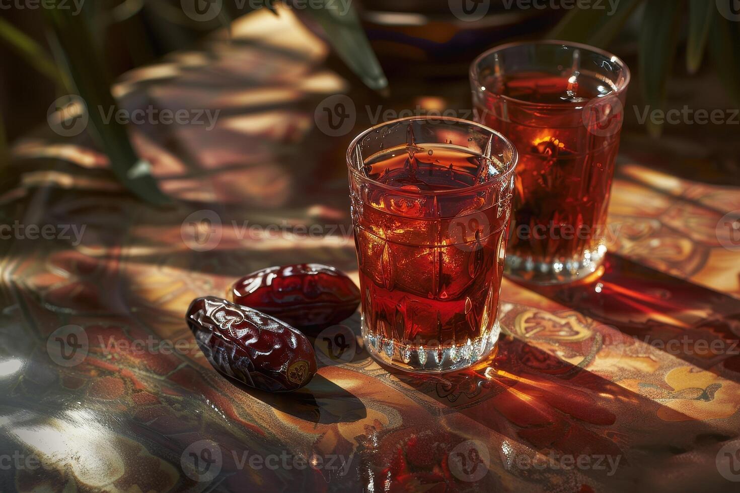 Two Glasses of Dark Beverage with Dates on a Table photo