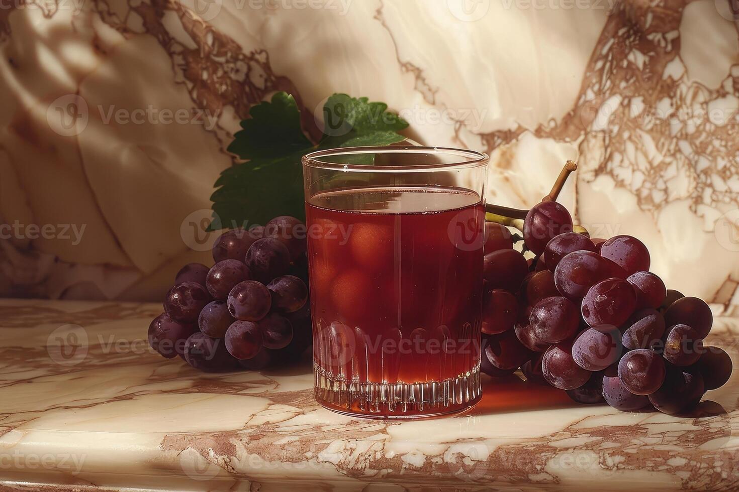 Glass of Grape Juice with Grapes on Marble Background photo