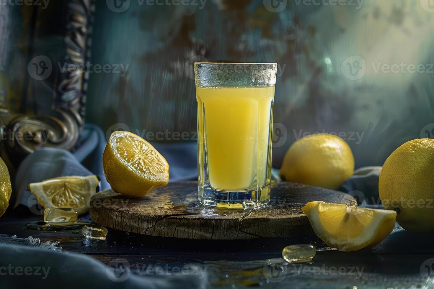 Lemon Juice Shot on Rustic Table with a Slice of Lemon and a Glass of Yellow Liquid photo