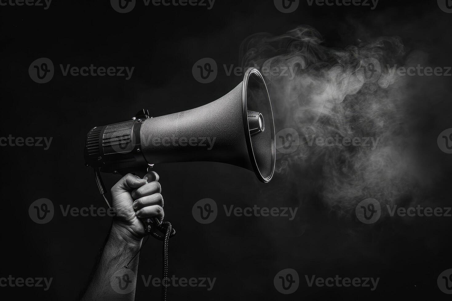 Smoke billows from a megaphone held by an anonymous hand in the dark photo