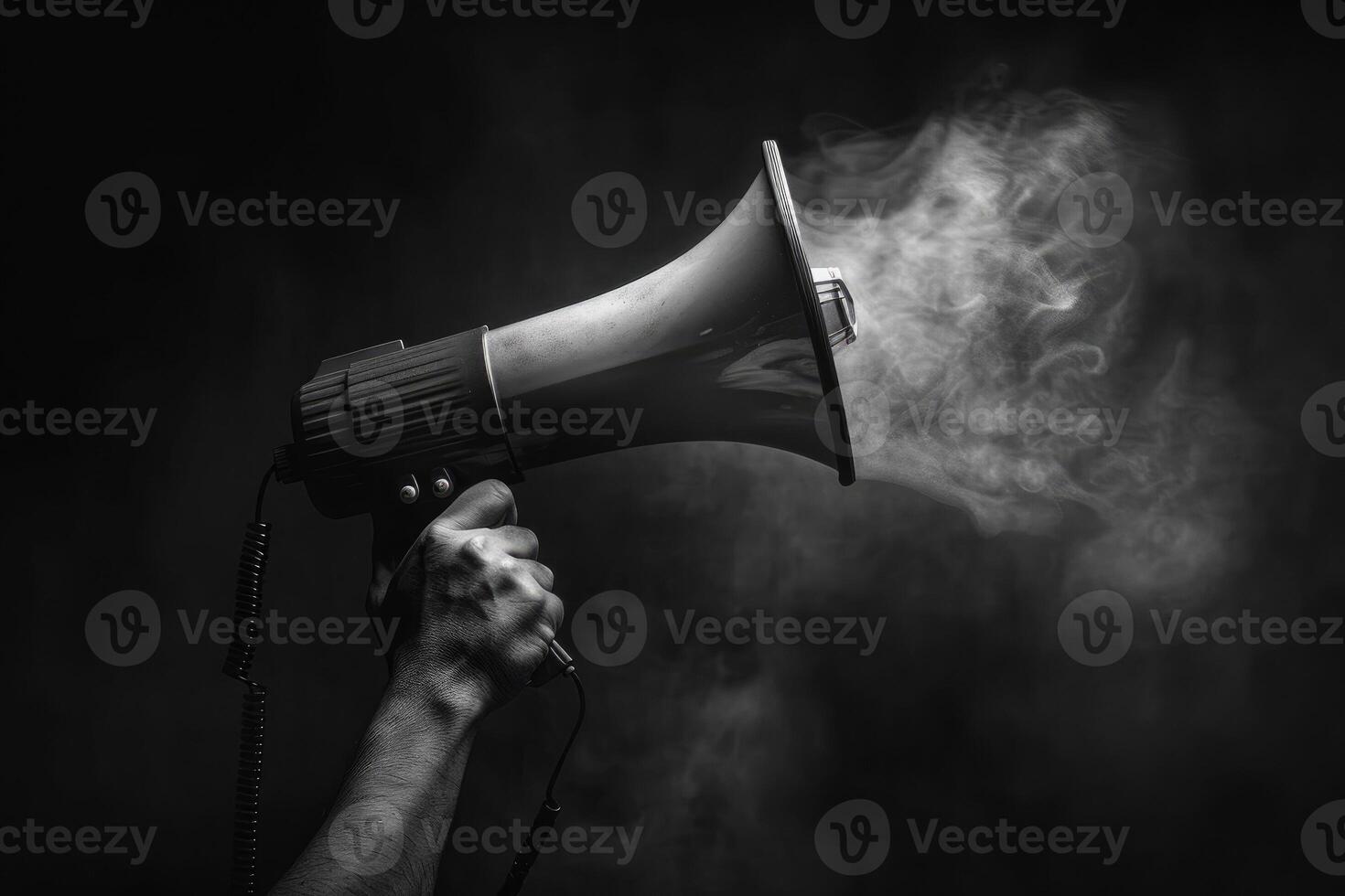 Smoke billows from a megaphone held by a hand in the darkness photo