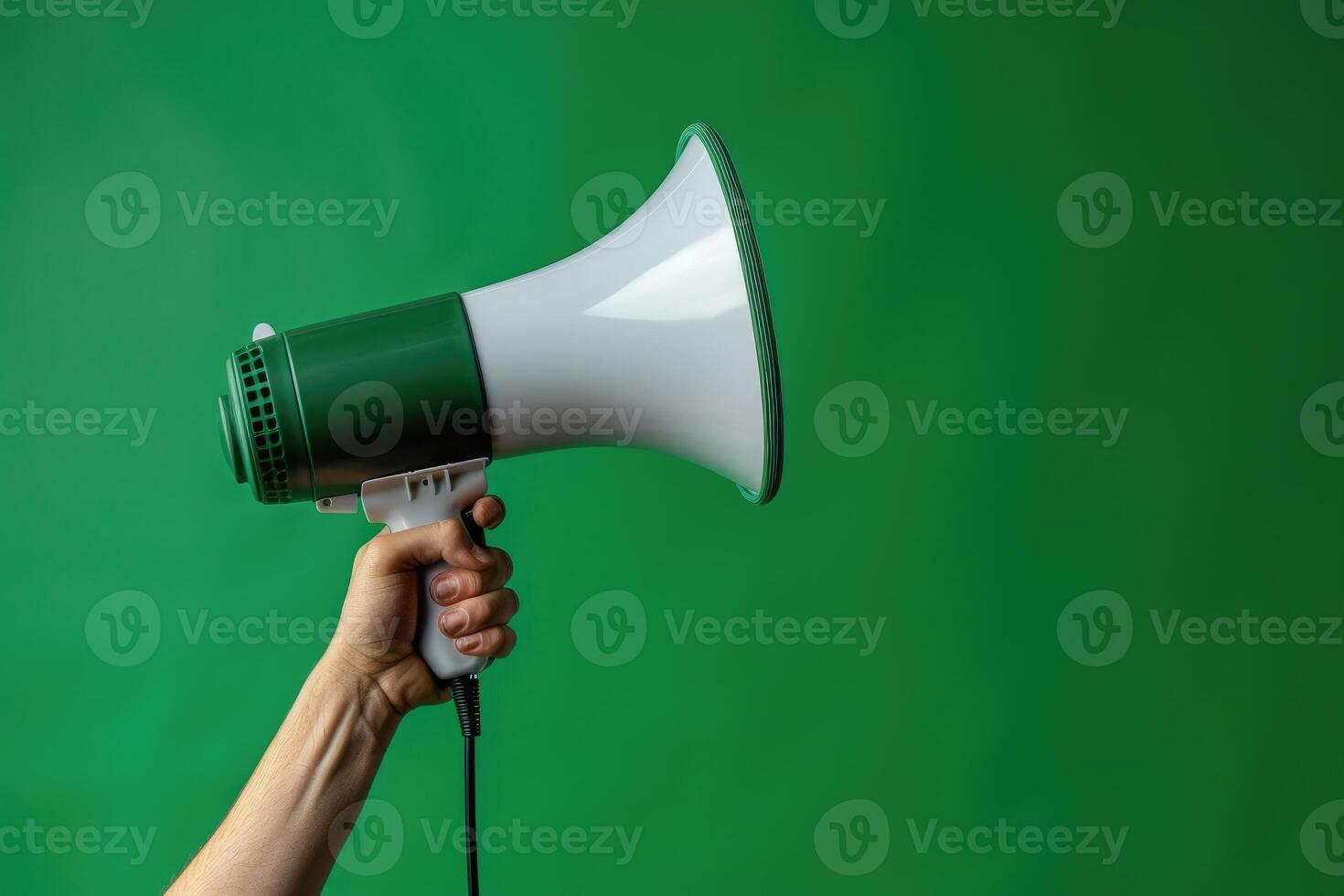 Hand holding a megaphone against a green cracked wall background photo