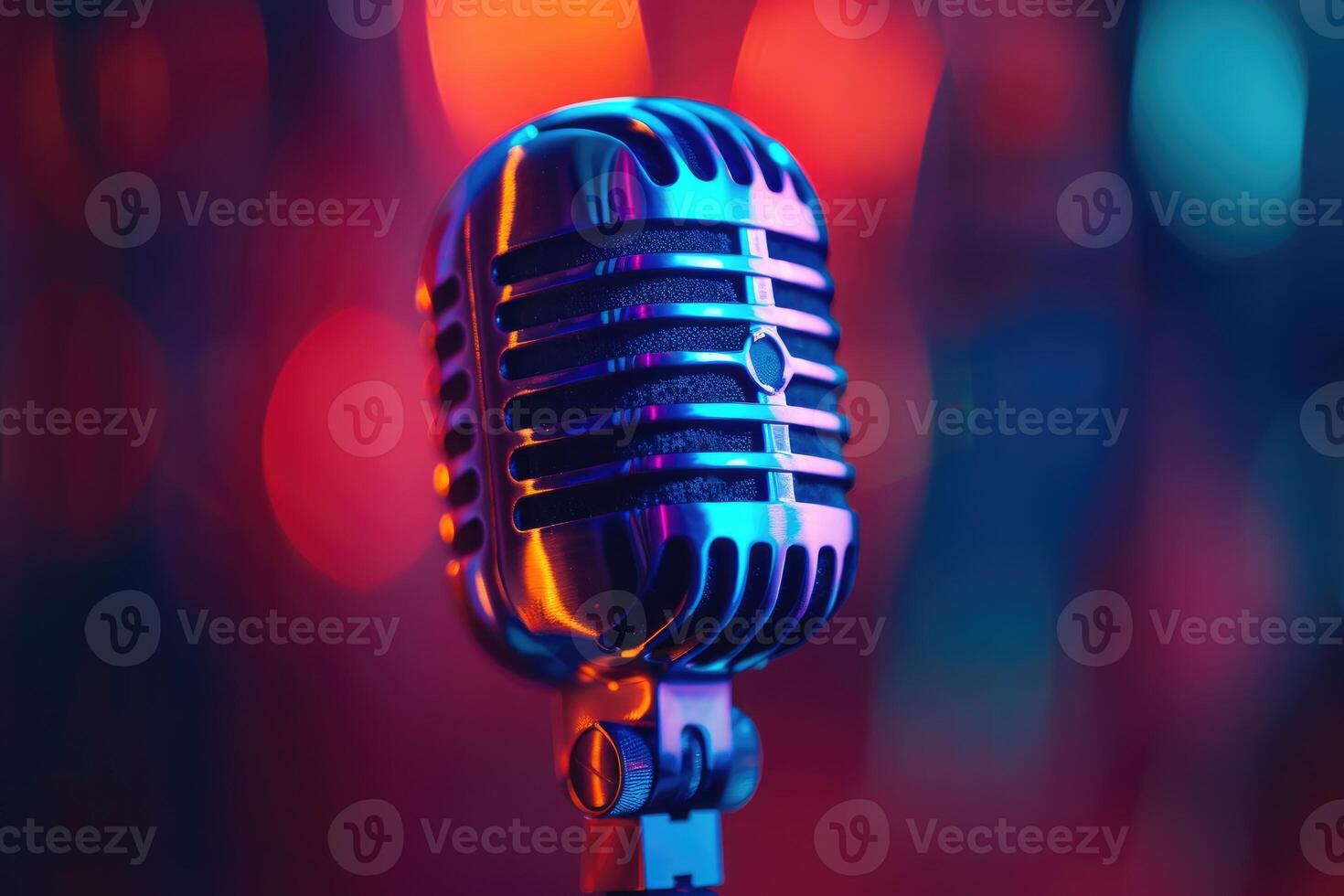 Retro microphone in vibrant neon lights setting the stage for a captivating performance photo