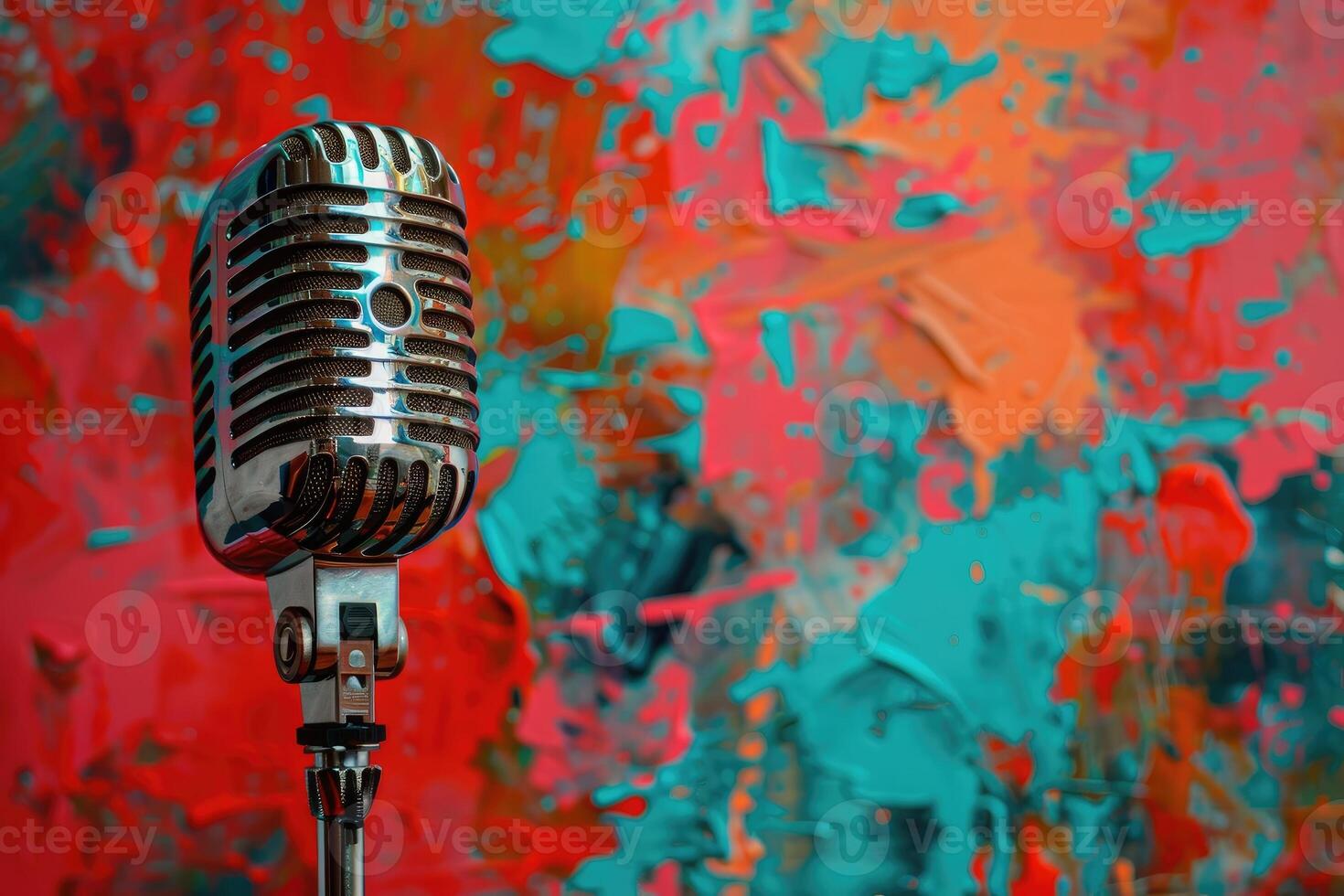Vintage microphone against a colorful abstract painting background photo