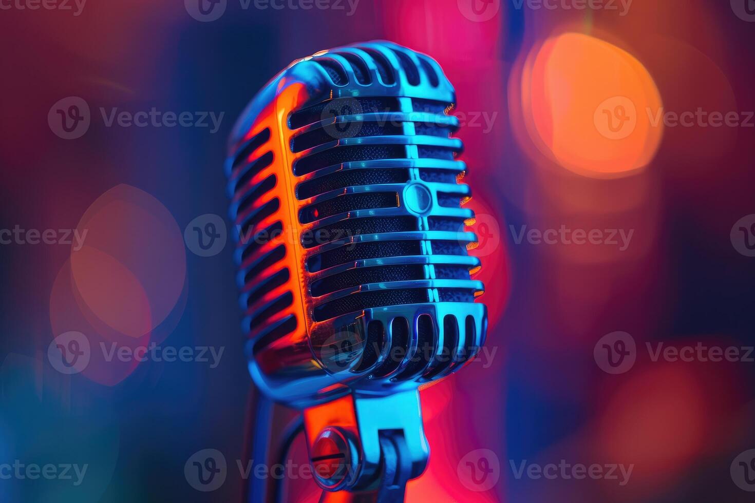 Retro microphone with colorful blurred background photo