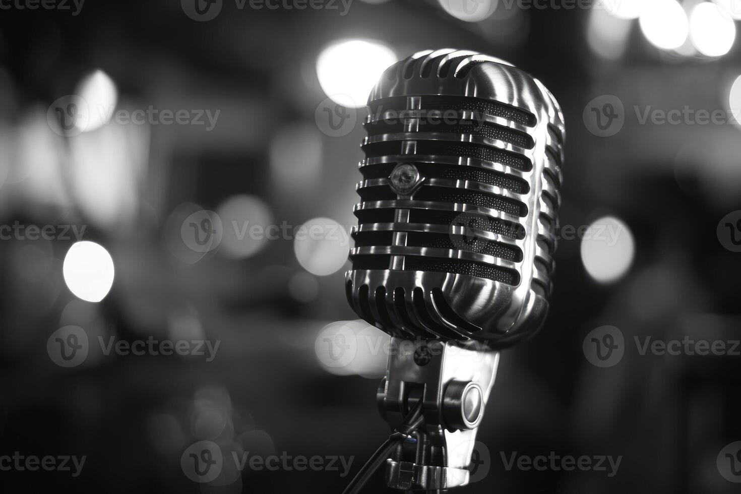Vintage microphone on stage with blurred background lights photo