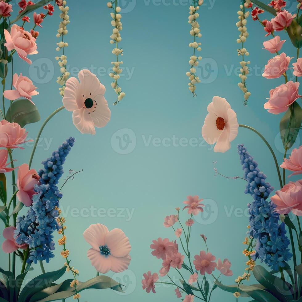 Pastel Pink and Blue Flowers with Green Foliage Against a Turquoise Background photo
