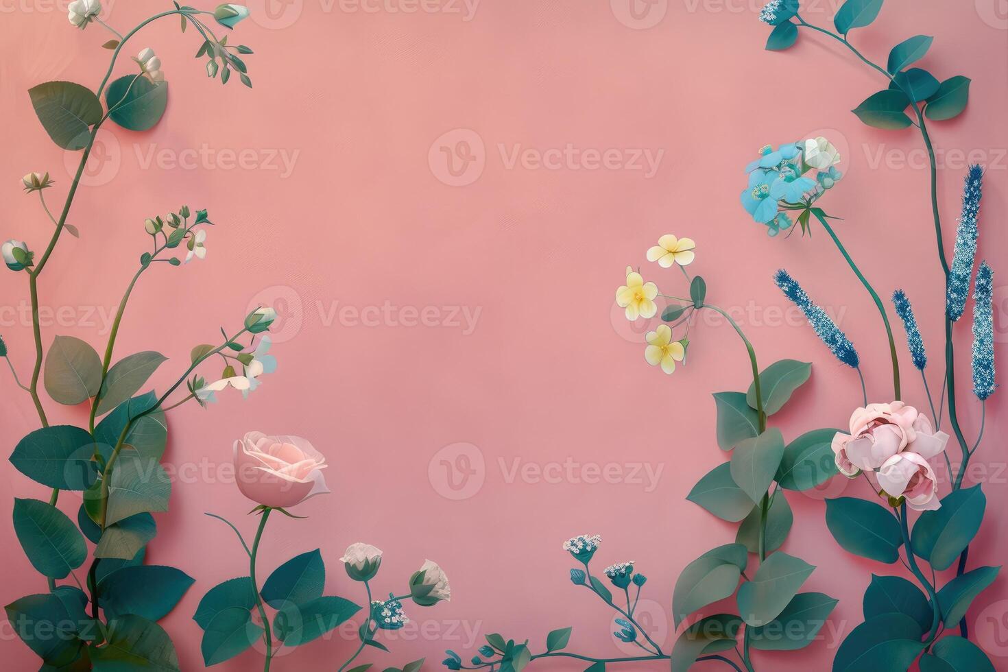 Floral Arrangement with Pink and Blue Flowers on a Pink Background photo