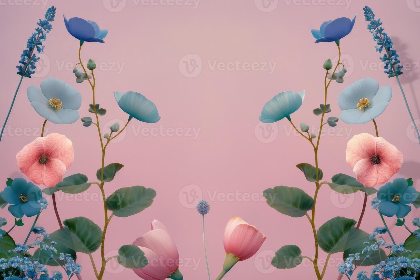 Blue and Pink Flowers with Green Leaves on Pink Background photo