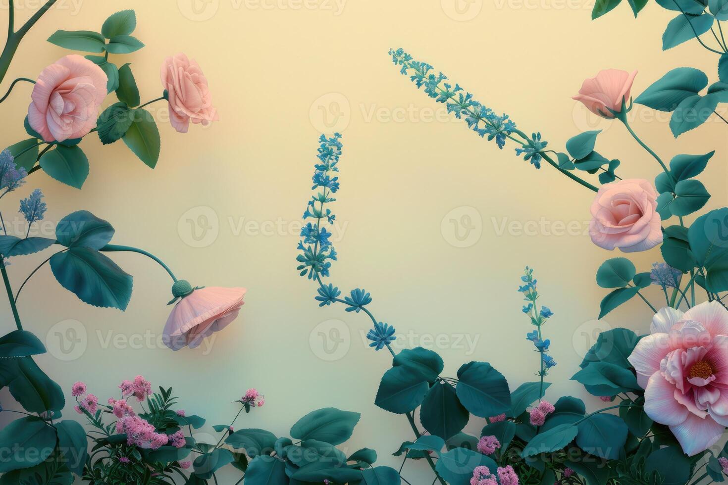 Pastel Pink and Blue Flowers Arranged Around a Light Yellow Background photo
