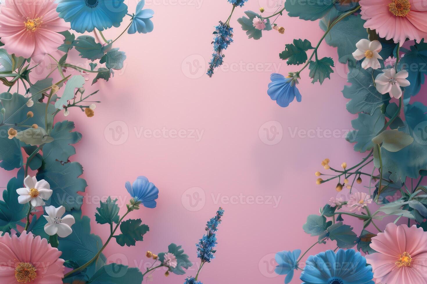 Pink and Blue Flowers with Green Leaves on a Pink Background photo