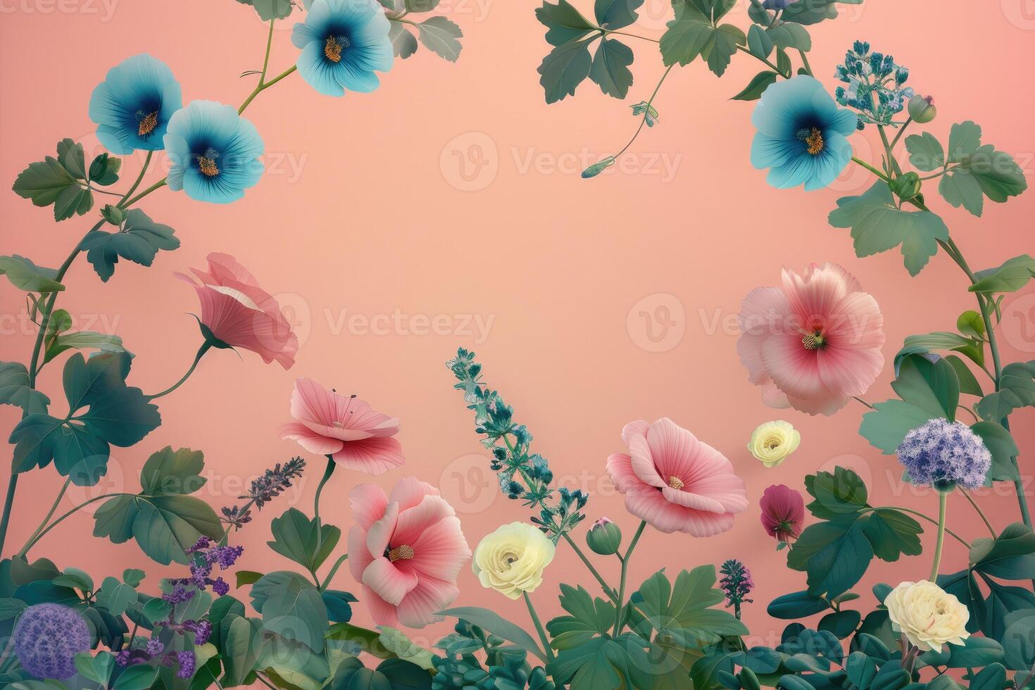 Pink and Blue Flowers with Green Leaves on a Peach Background photo
