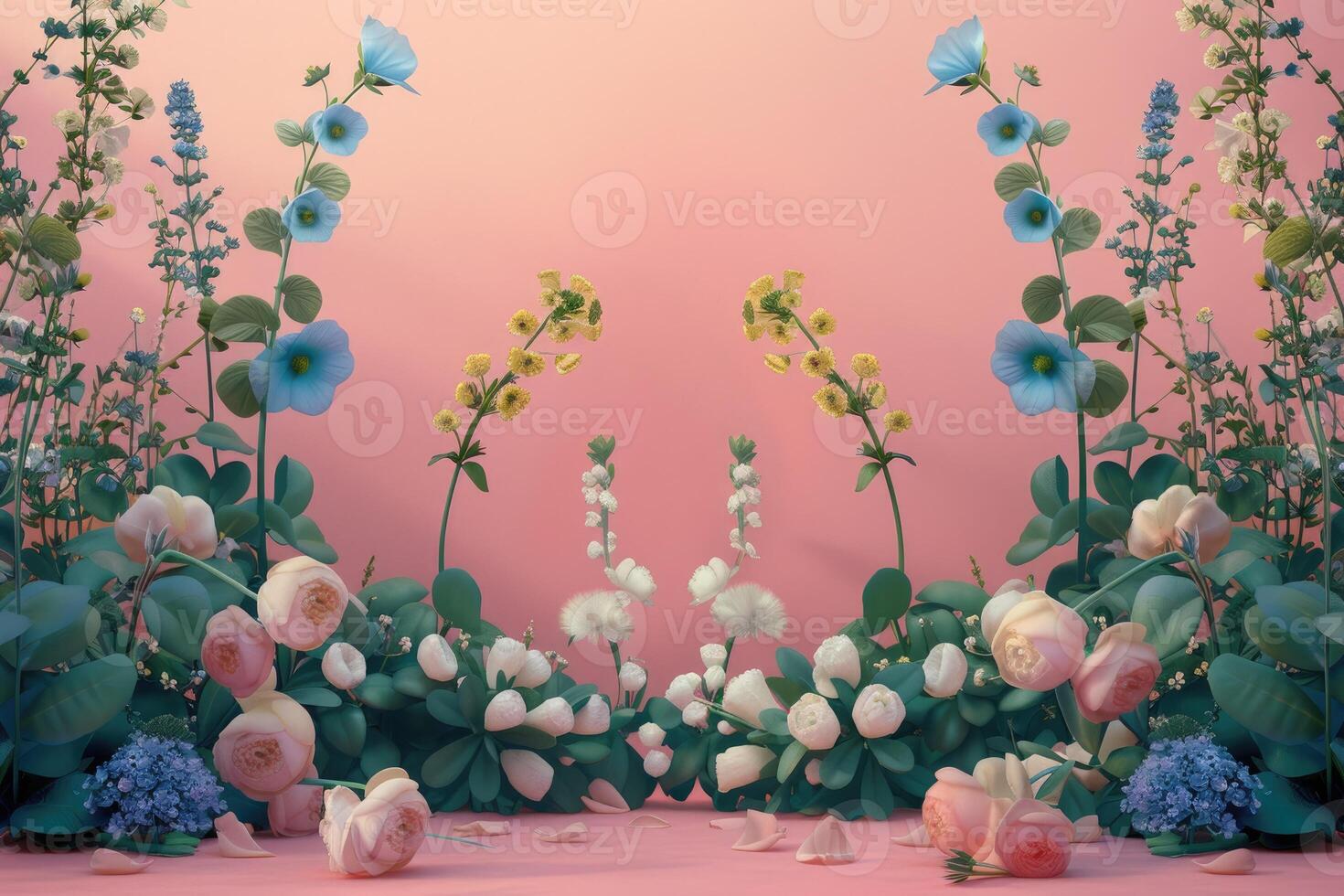 Symmetrical Floral Arrangement with Pink Roses, Blue Flowers, and Green Foliage photo
