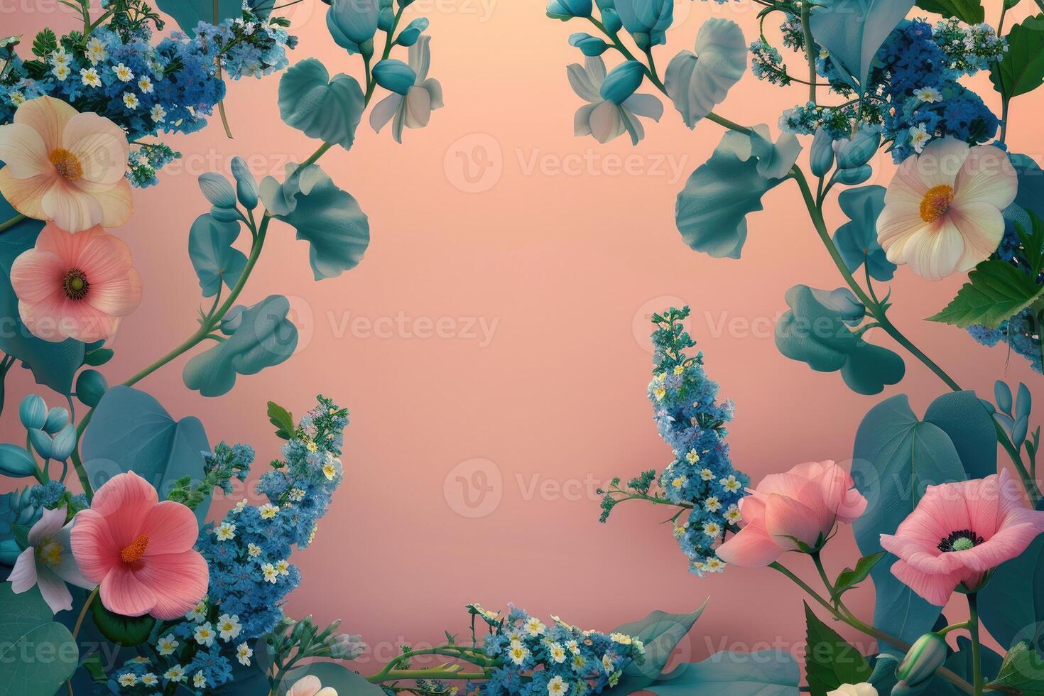 Floral Frame with Pink and White Flowers and Teal Leaves photo
