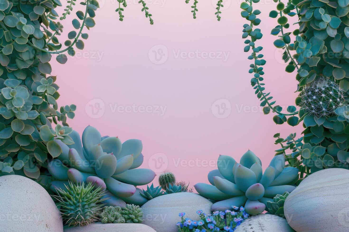 Succulents and Stones Frame a Pink Background photo