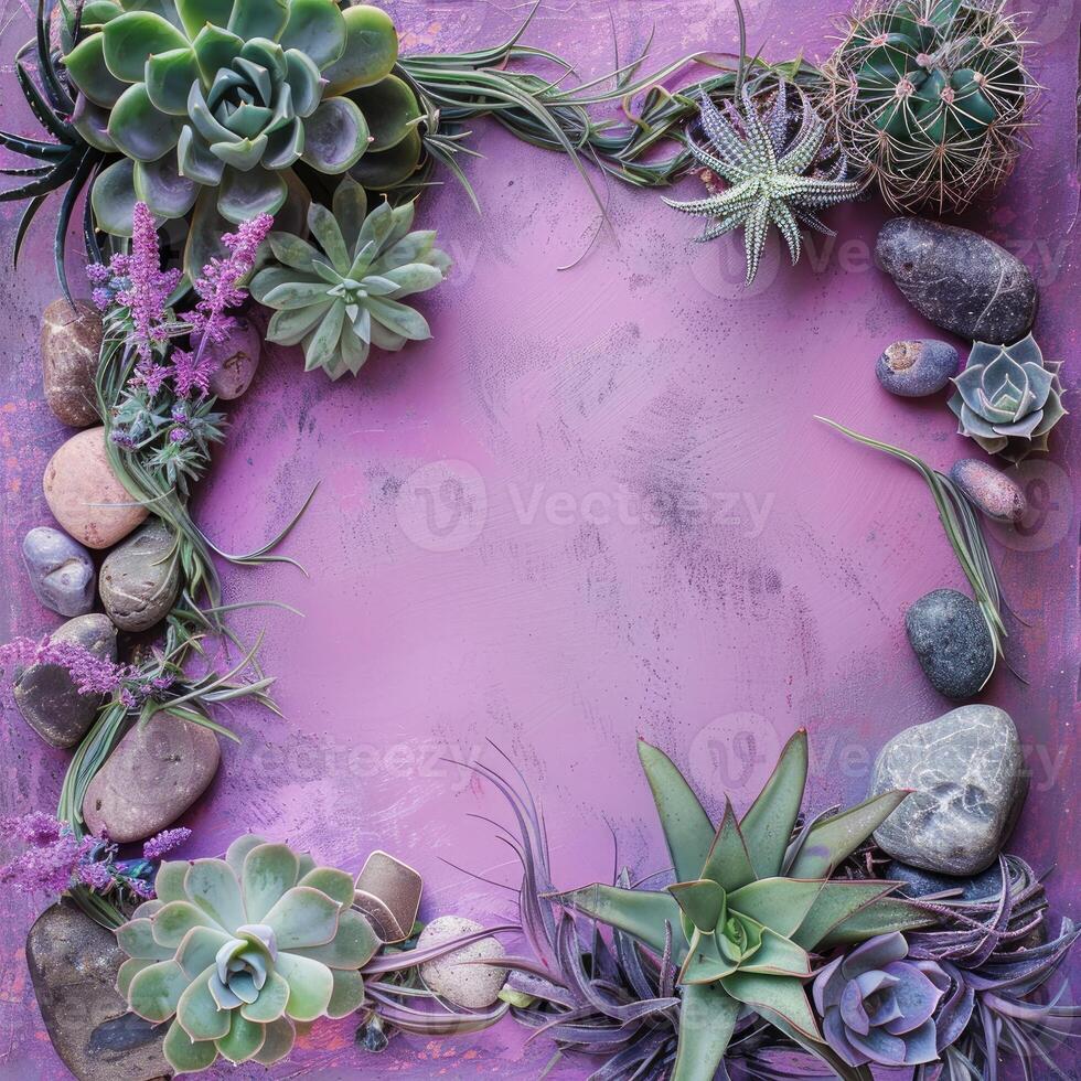 Purple Background with Succulents, Cactus, and Stones photo