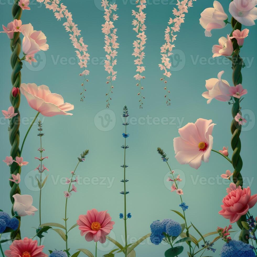 Twisted Stems and Delicate Blooms Against a Turquoise Background photo