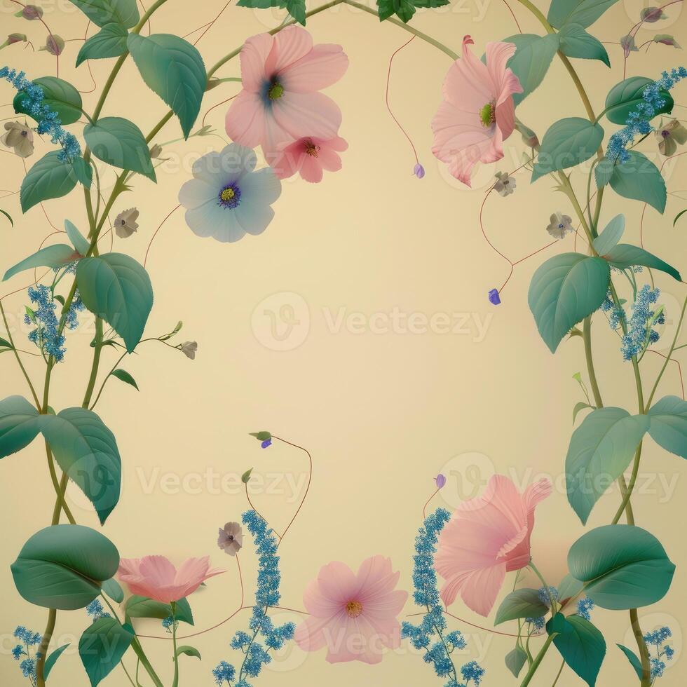 Pastel Floral Frame with Green Foliage photo